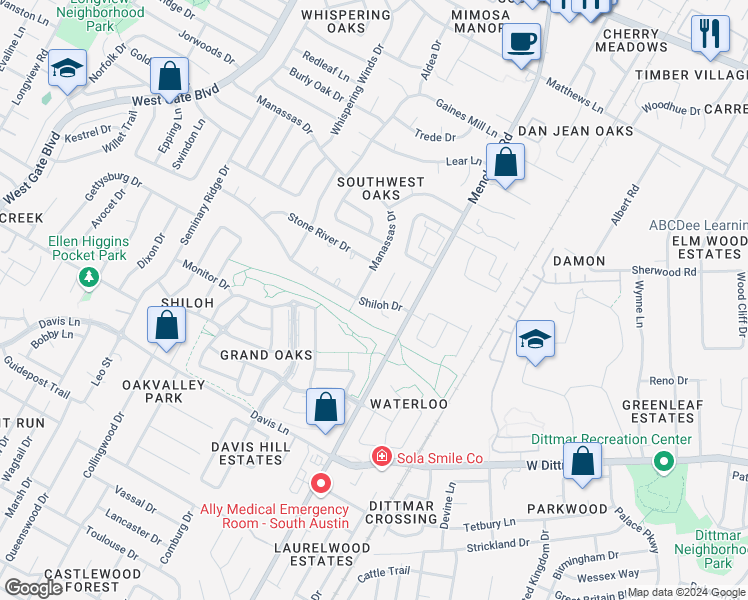 map of restaurants, bars, coffee shops, grocery stores, and more near 8111 Manassas Drive in Austin