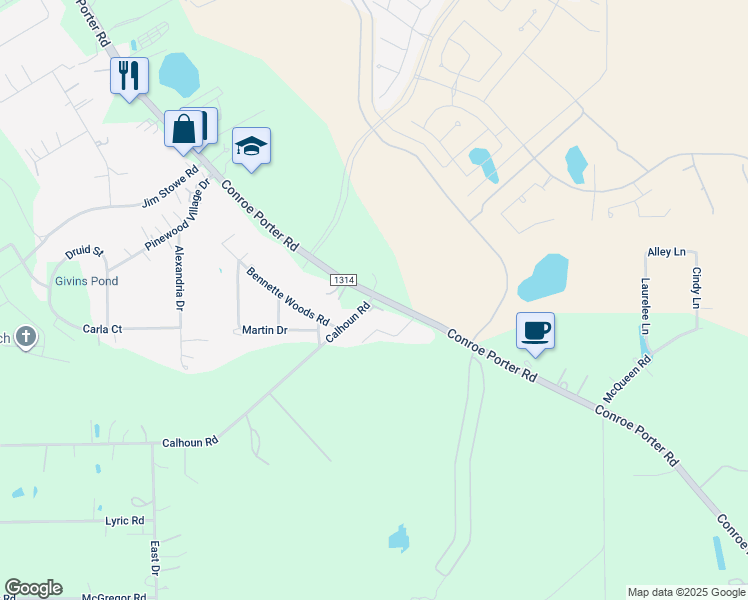 map of restaurants, bars, coffee shops, grocery stores, and more near 17850 Conroe Porter Road in Conroe