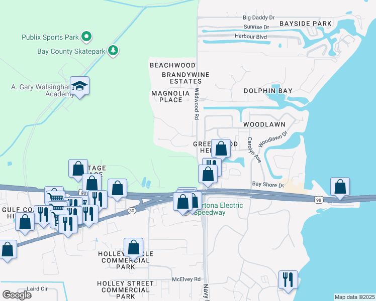 map of restaurants, bars, coffee shops, grocery stores, and more near 265 Villa Bay Drive in Panama City Beach