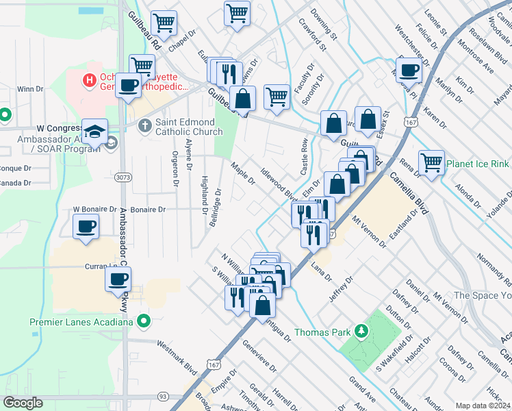 map of restaurants, bars, coffee shops, grocery stores, and more near 218 Spruce Drive in Lafayette