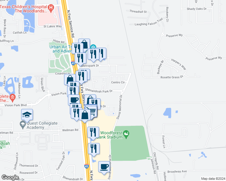 map of restaurants, bars, coffee shops, grocery stores, and more near 8877 Shenandoah Park Drive in Shenandoah