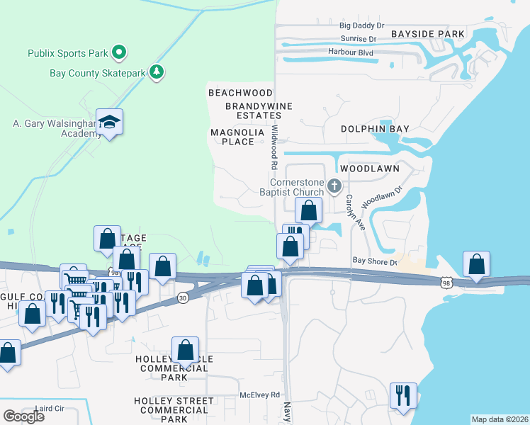 map of restaurants, bars, coffee shops, grocery stores, and more near 265 Villa Bay Drive in Panama City Beach