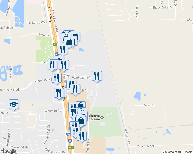 map of restaurants, bars, coffee shops, grocery stores, and more near 8799 Shenandoah Park Drive in Shenandoah