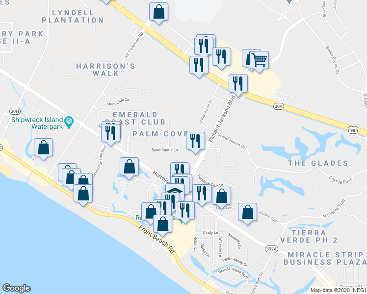 map of restaurants, bars, coffee shops, grocery stores, and more near 189 White Cap Way in Panama City Beach