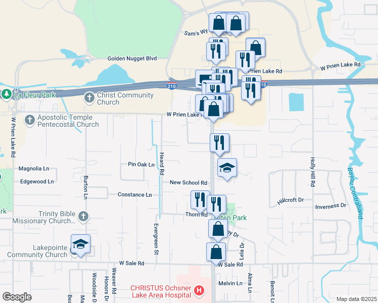 map of restaurants, bars, coffee shops, grocery stores, and more near 1899 Memory Ln in Lake Charles