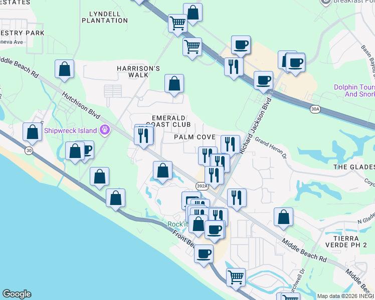 map of restaurants, bars, coffee shops, grocery stores, and more near 11739 Sand Castle Lane in Panama City Beach