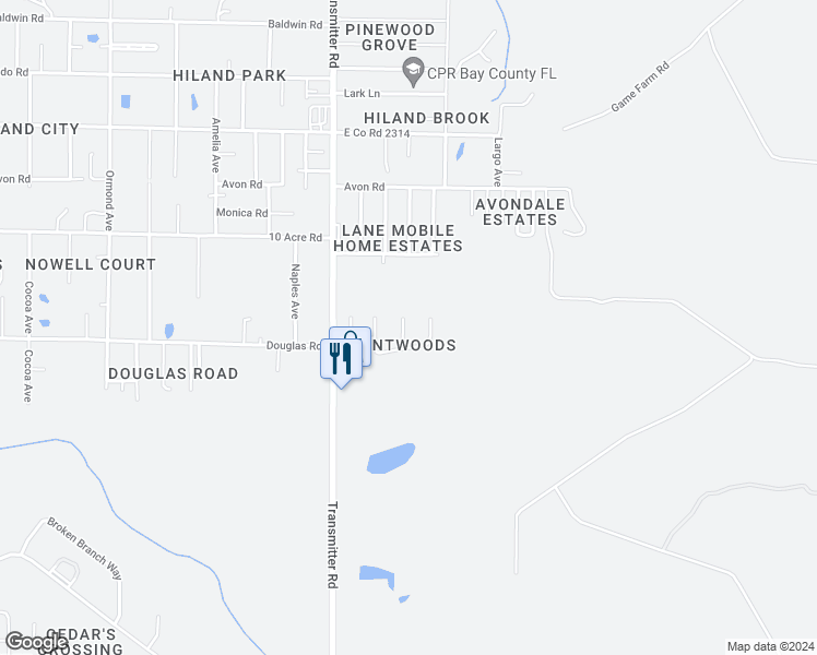 map of restaurants, bars, coffee shops, grocery stores, and more near 2408 Oaktree Court in Panama City