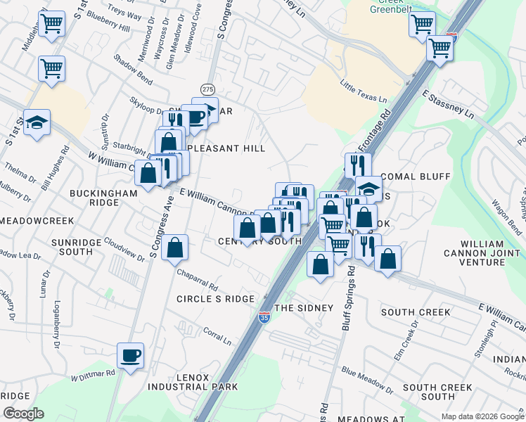 map of restaurants, bars, coffee shops, grocery stores, and more near 600 East William Cannon Drive in Austin