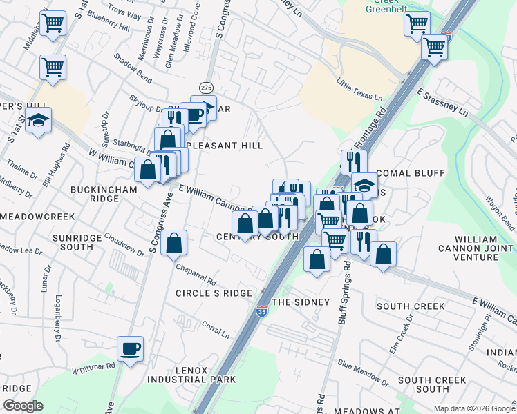 map of restaurants, bars, coffee shops, grocery stores, and more near 600 East William Cannon Drive in Austin