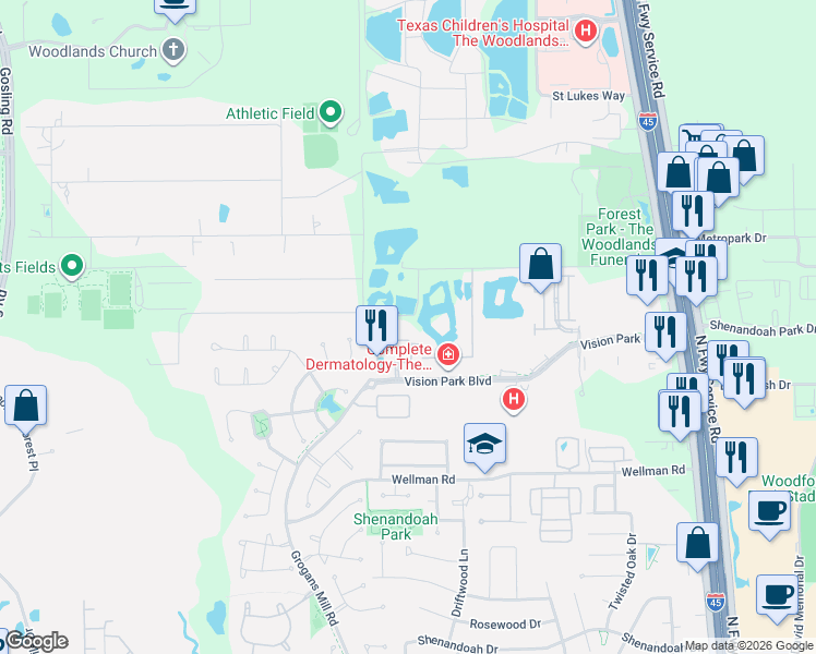 map of restaurants, bars, coffee shops, grocery stores, and more near 18205 Lark Lane in Conroe