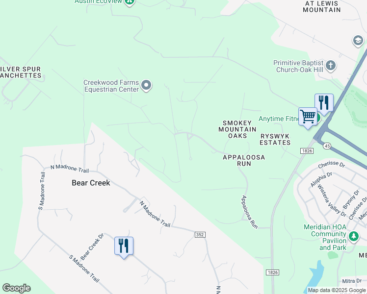 map of restaurants, bars, coffee shops, grocery stores, and more near 12104 Trailmaster Drive in Austin