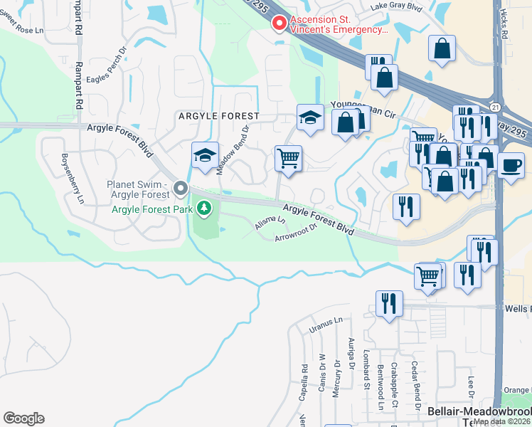 map of restaurants, bars, coffee shops, grocery stores, and more near 6661 Alisma Lane in Jacksonville