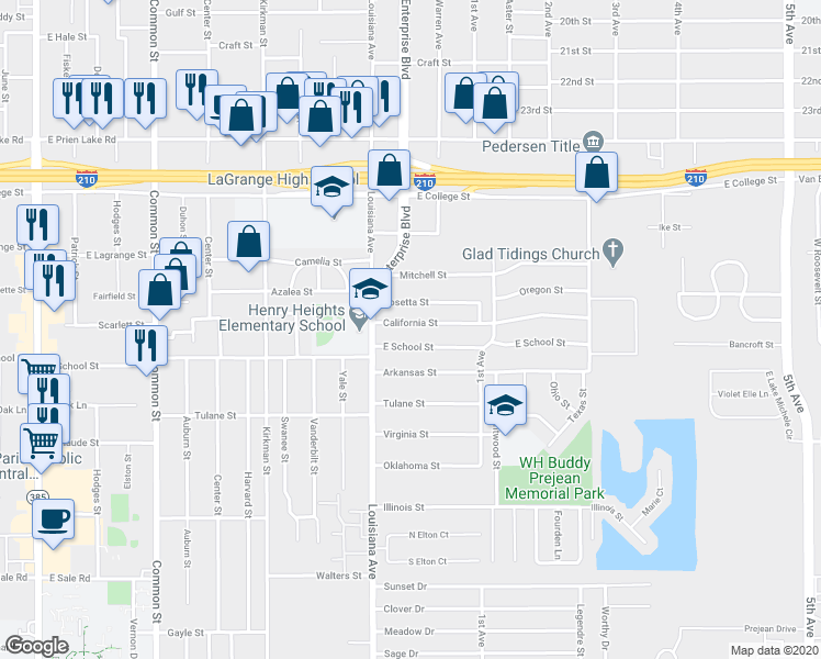 map of restaurants, bars, coffee shops, grocery stores, and more near 1138 California St in Lake Charles