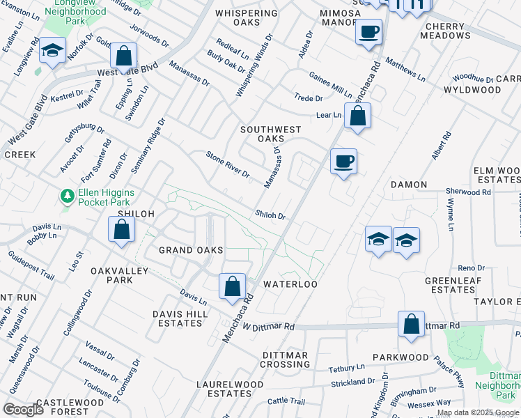 map of restaurants, bars, coffee shops, grocery stores, and more near 8111 Manassas Drive in Austin