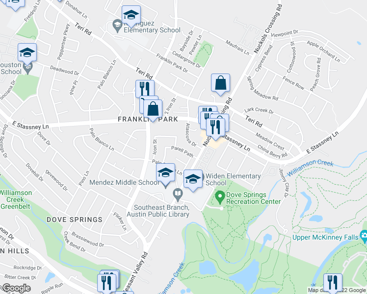 map of restaurants, bars, coffee shops, grocery stores, and more near 5004 Parell Path in Austin
