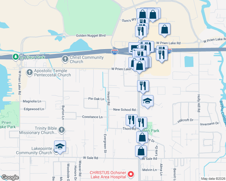 map of restaurants, bars, coffee shops, grocery stores, and more near 3619 Heard Road in Lake Charles