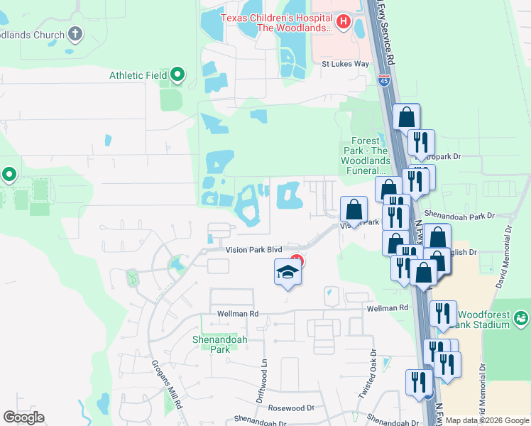 map of restaurants, bars, coffee shops, grocery stores, and more near 18121 Atkinson Lane in Conroe