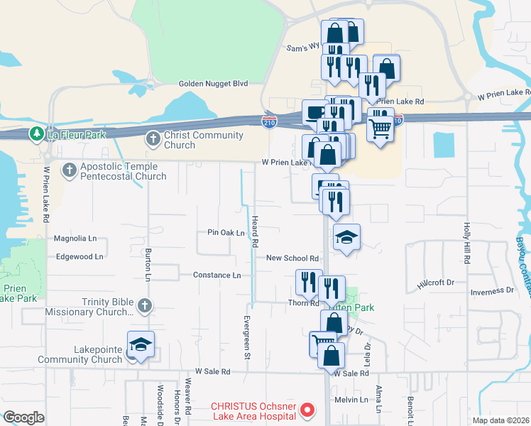 map of restaurants, bars, coffee shops, grocery stores, and more near 3619 Heard Rd in Lake Charles