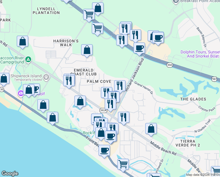 map of restaurants, bars, coffee shops, grocery stores, and more near 181 White Cap Way in Panama City Beach