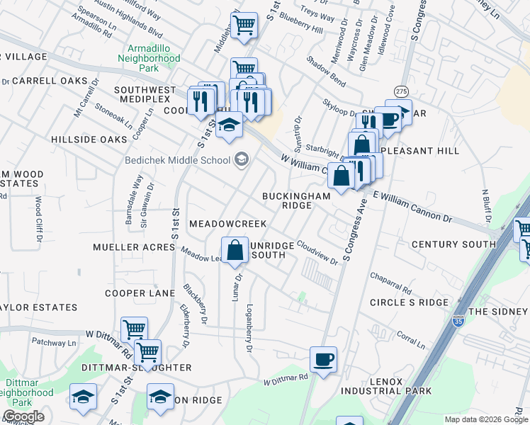 map of restaurants, bars, coffee shops, grocery stores, and more near 305 Thelma Drive in Austin