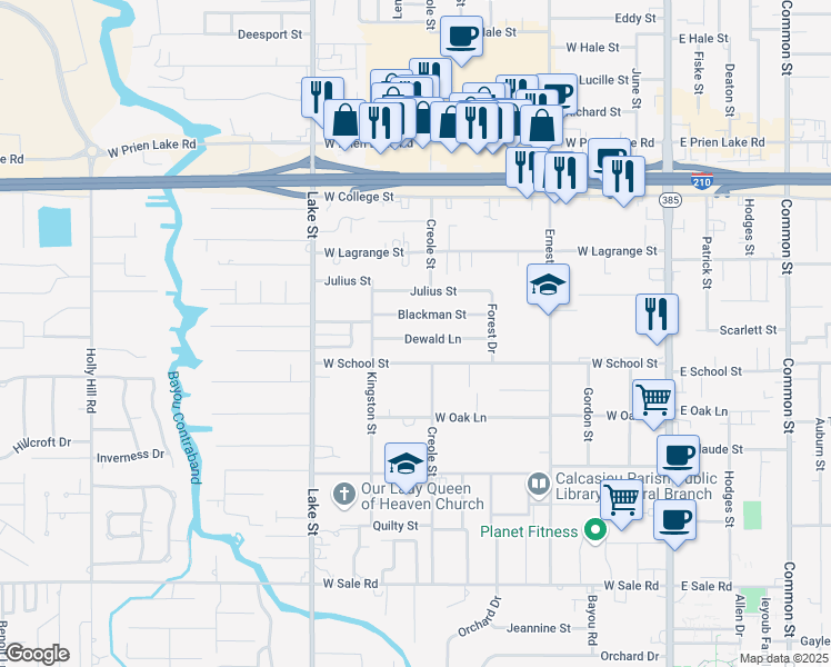 map of restaurants, bars, coffee shops, grocery stores, and more near 604 Dewald Lane in Lake Charles