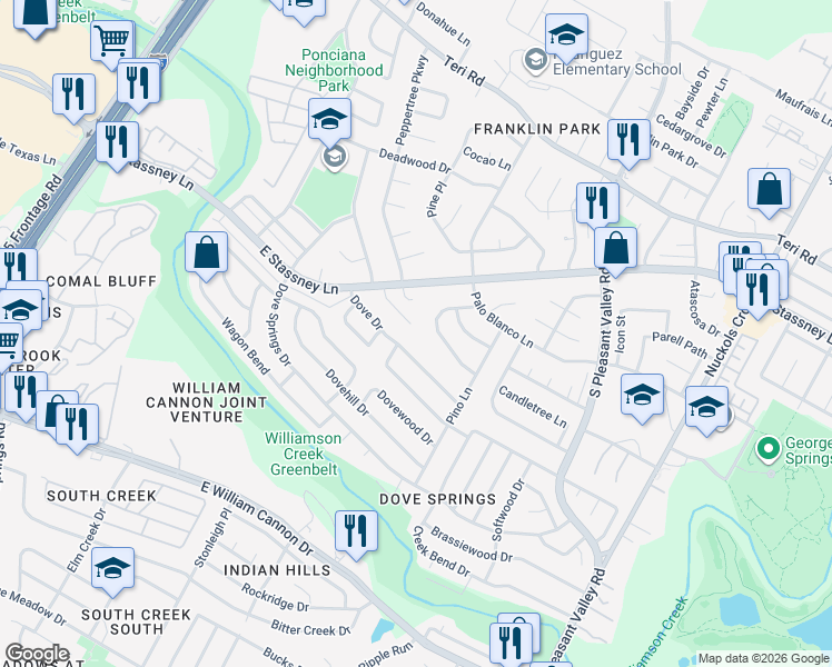 map of restaurants, bars, coffee shops, grocery stores, and more near 2504 Kumquat Court in Austin
