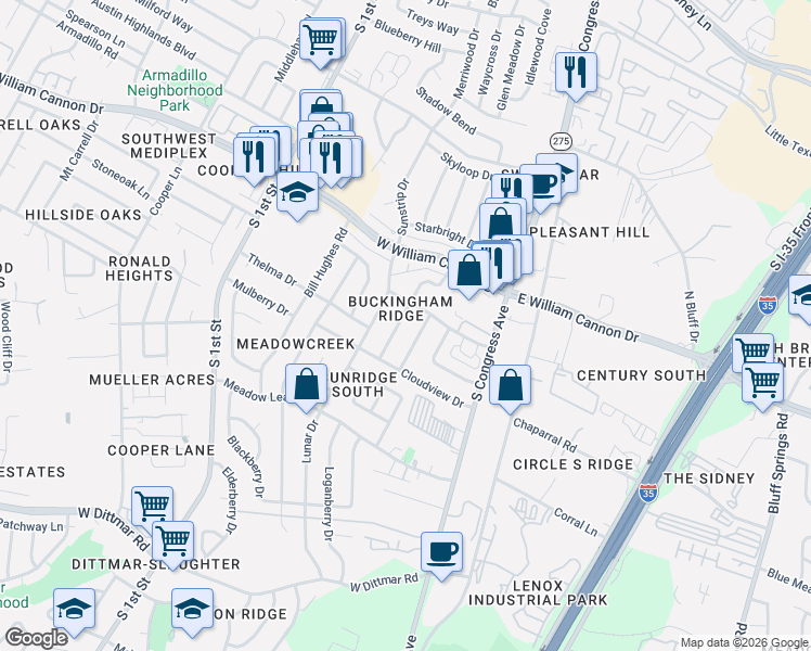 map of restaurants, bars, coffee shops, grocery stores, and more near 6902 Skynook Drive in Austin