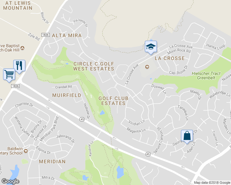 map of restaurants, bars, coffee shops, grocery stores, and more near 10728 Canfield Drive in Austin