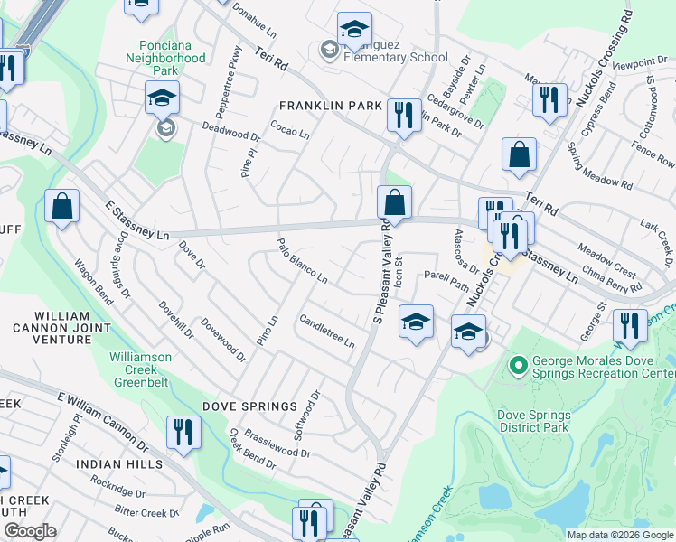 map of restaurants, bars, coffee shops, grocery stores, and more near 4503 West Village Court in Austin