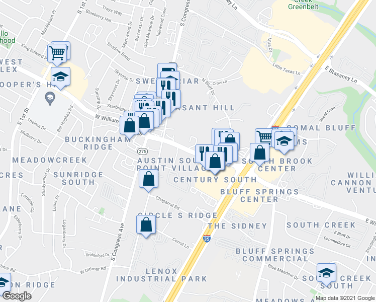 map of restaurants, bars, coffee shops, grocery stores, and more near 1820 West Stassney Lane in Austin