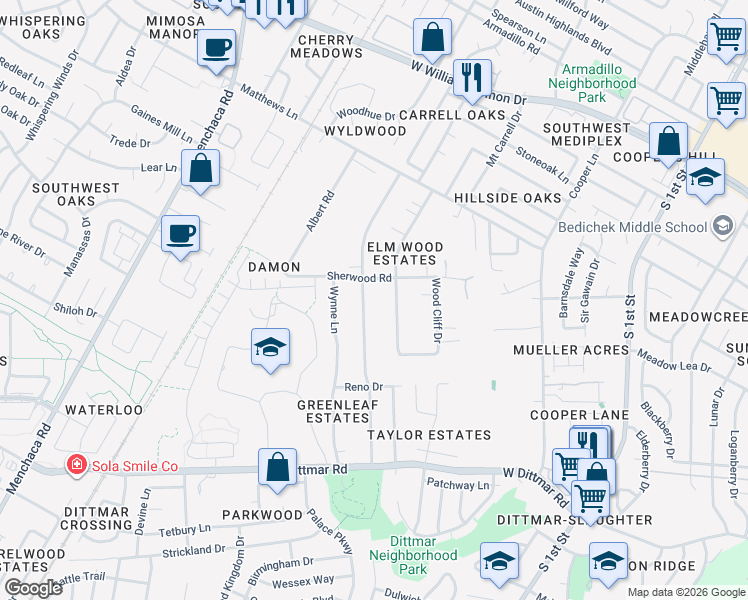 map of restaurants, bars, coffee shops, grocery stores, and more near 7505 Forest Wood Road in Austin