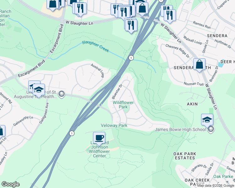 map of restaurants, bars, coffee shops, grocery stores, and more near 5113 Scottish Thistle Drive in Austin