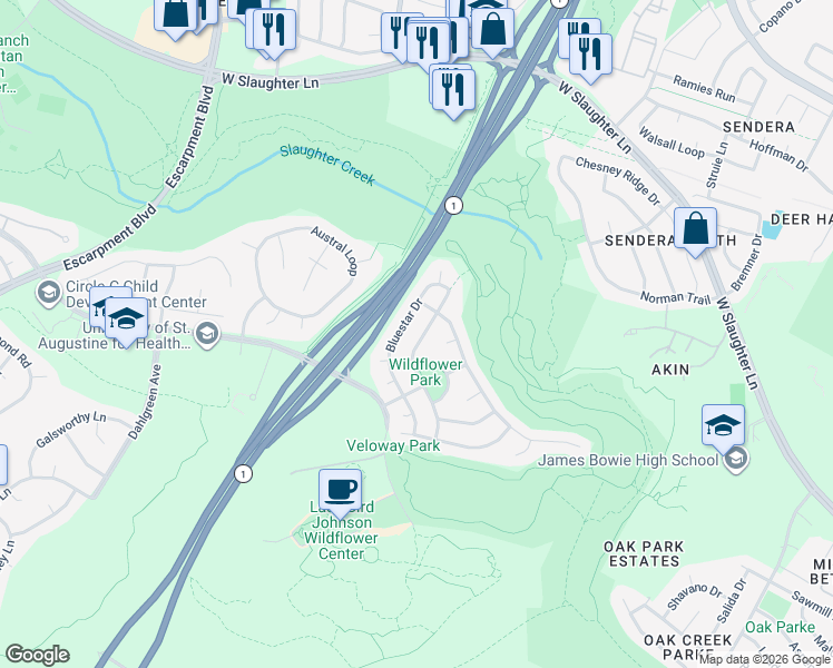 map of restaurants, bars, coffee shops, grocery stores, and more near 5113 Scottish Thistle Drive in Austin