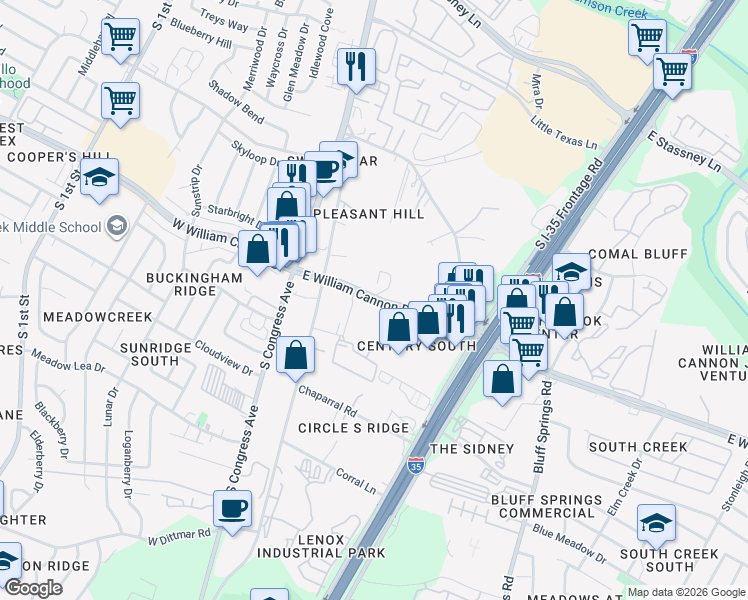 map of restaurants, bars, coffee shops, grocery stores, and more near 403 East William Cannon Drive in Austin