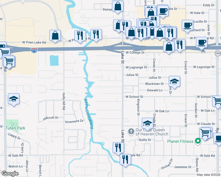 map of restaurants, bars, coffee shops, grocery stores, and more near 907 Audubon Street in Lake Charles