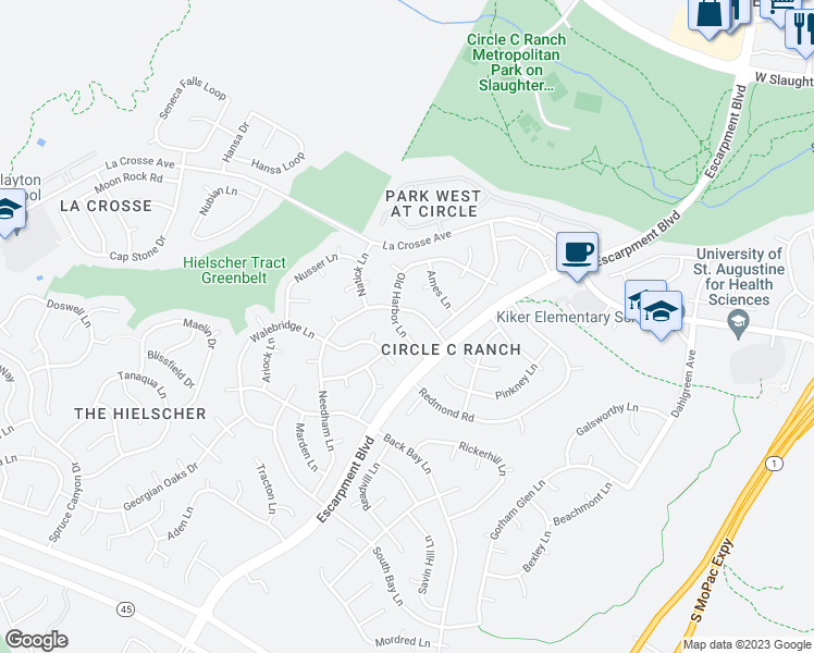 map of restaurants, bars, coffee shops, grocery stores, and more near 6429 Old Harbor Lane in Austin