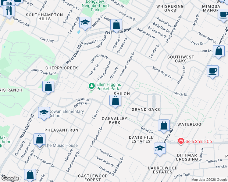 map of restaurants, bars, coffee shops, grocery stores, and more near 8500 Kearsarge Cove in Austin