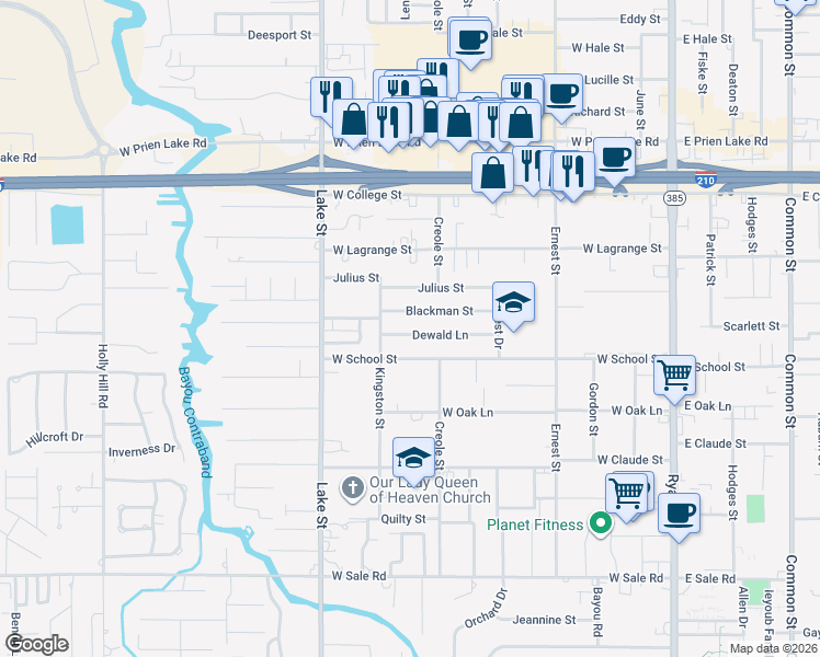map of restaurants, bars, coffee shops, grocery stores, and more near 624 Dewald Lane in Lake Charles
