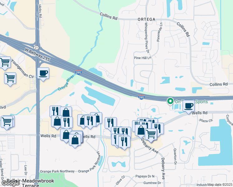 map of restaurants, bars, coffee shops, grocery stores, and more near Highway 9A in Jacksonville