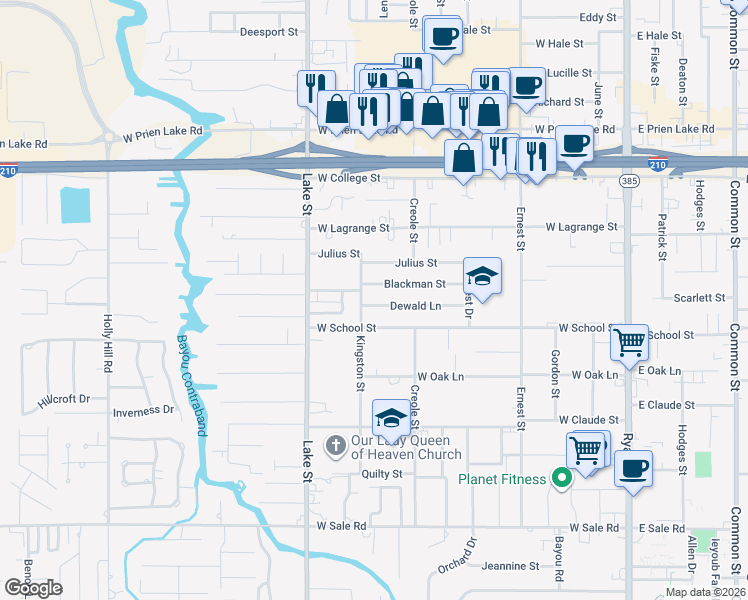 map of restaurants, bars, coffee shops, grocery stores, and more near 624 Dewald Lane in Lake Charles