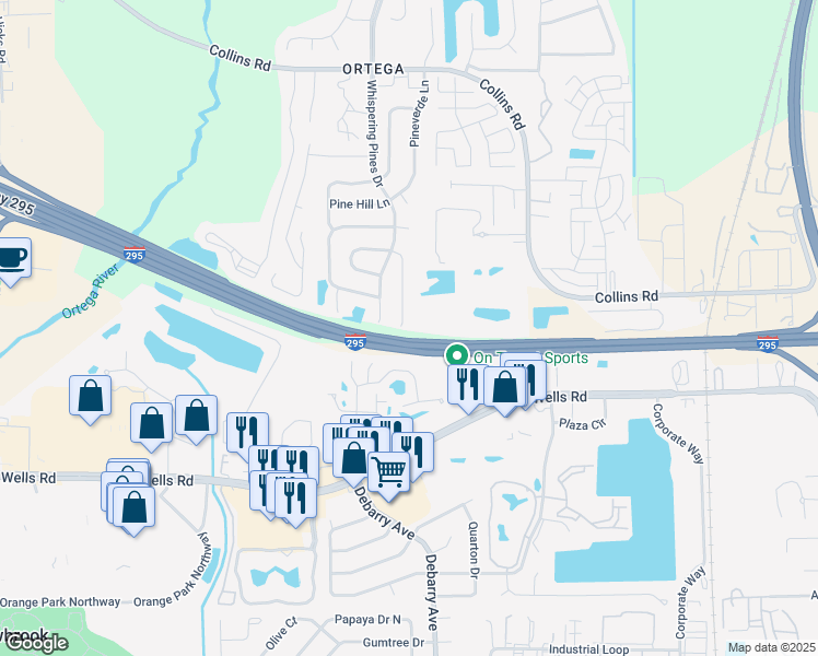 map of restaurants, bars, coffee shops, grocery stores, and more near 8785 Pinevalley Lane in Jacksonville
