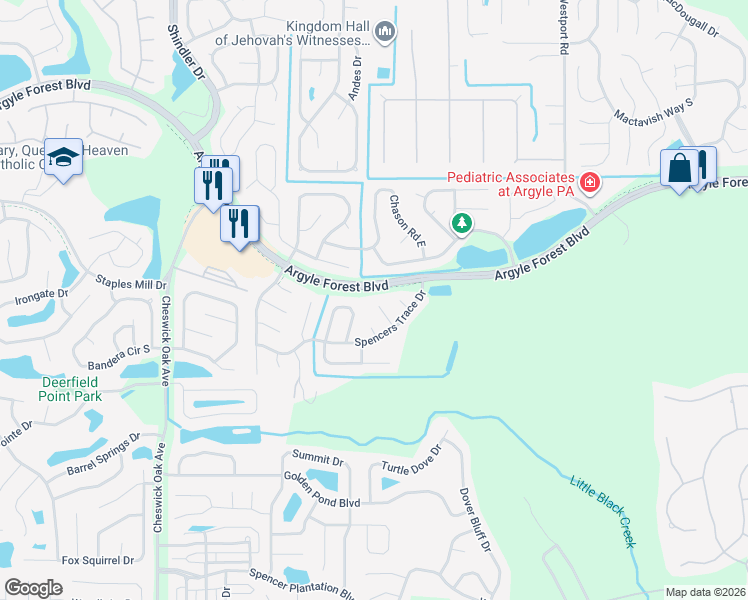 map of restaurants, bars, coffee shops, grocery stores, and more near 8420 Spencers Trace Court in Jacksonville