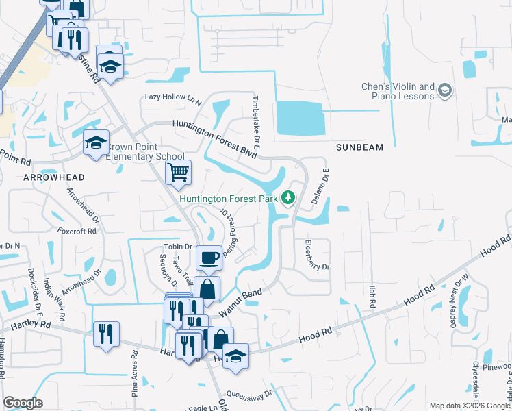map of restaurants, bars, coffee shops, grocery stores, and more near 10064 Hidden Branch Drive North in Jacksonville