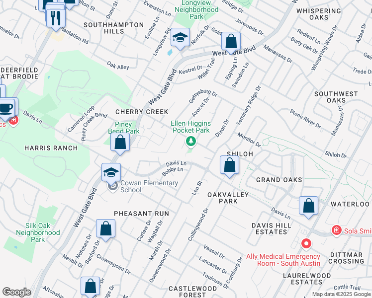 map of restaurants, bars, coffee shops, grocery stores, and more near 8507 Apple Carrie Cove in Austin
