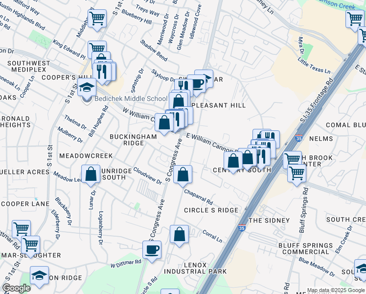 map of restaurants, bars, coffee shops, grocery stores, and more near 6733 South Congress Avenue in Austin