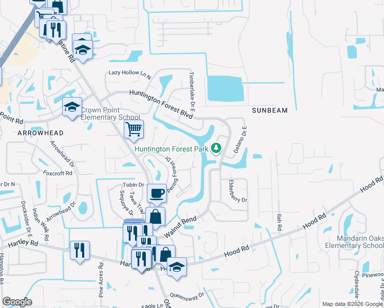 map of restaurants, bars, coffee shops, grocery stores, and more near 10064 Hidden Branch Drive East in Jacksonville