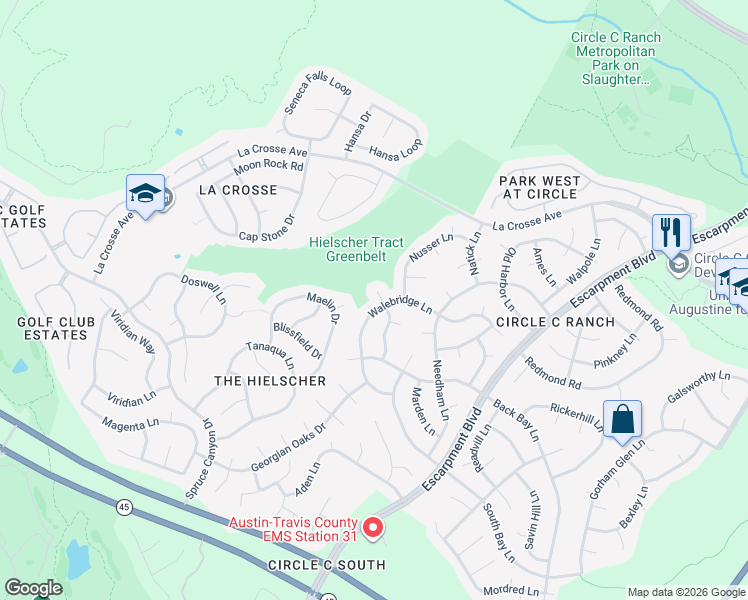 map of restaurants, bars, coffee shops, grocery stores, and more near 10812 Ariock Lane in Austin