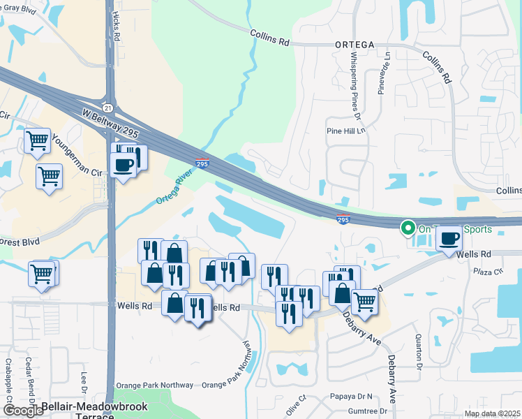 map of restaurants, bars, coffee shops, grocery stores, and more near Interstate 295 in Jacksonville