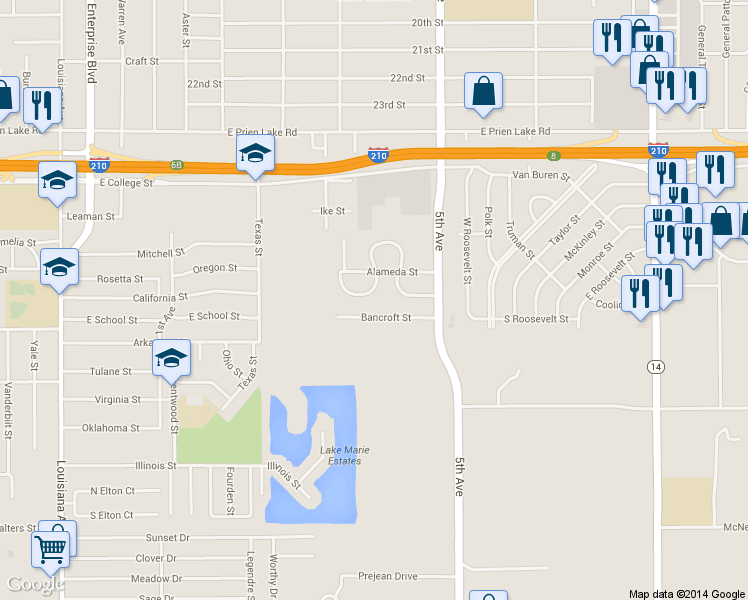 map of restaurants, bars, coffee shops, grocery stores, and more near 2032 Willowick Street in Lake Charles