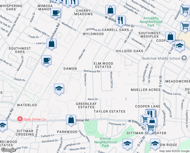 map of restaurants, bars, coffee shops, grocery stores, and more near 7505 Forest Wood Road in Austin